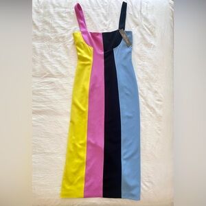 Lela Rose Maxi Dress in Vibrant Pink, Yellow, Black & Blue Stripes. Women’s 10.